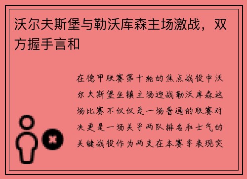 沃尔夫斯堡与勒沃库森主场激战，双方握手言和