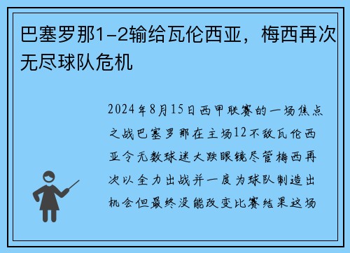 巴塞罗那1-2输给瓦伦西亚，梅西再次无尽球队危机