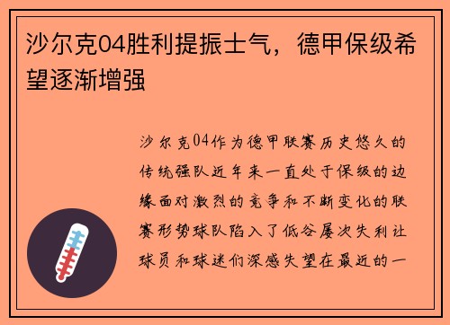 沙尔克04胜利提振士气，德甲保级希望逐渐增强